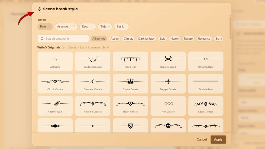 WriteO scene break settings showing divider style, width and spacing.