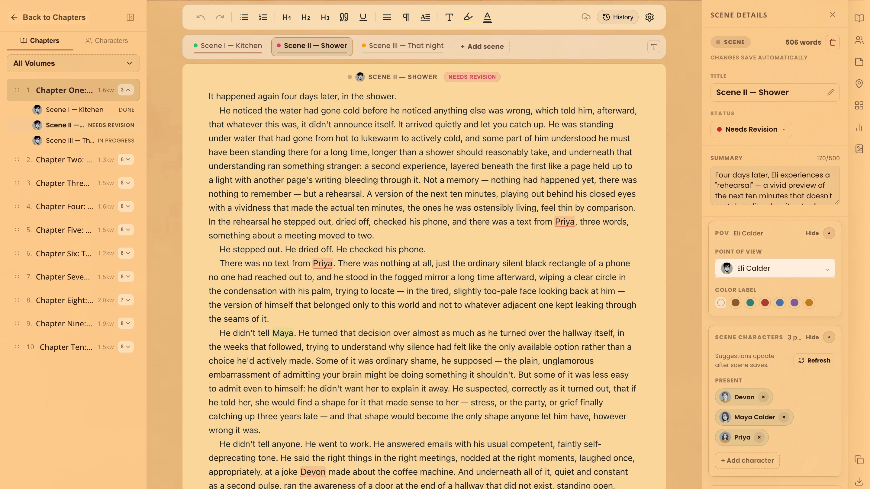 WriteO scene editor with the POV set to Eli Calder and the scene’s characters listed