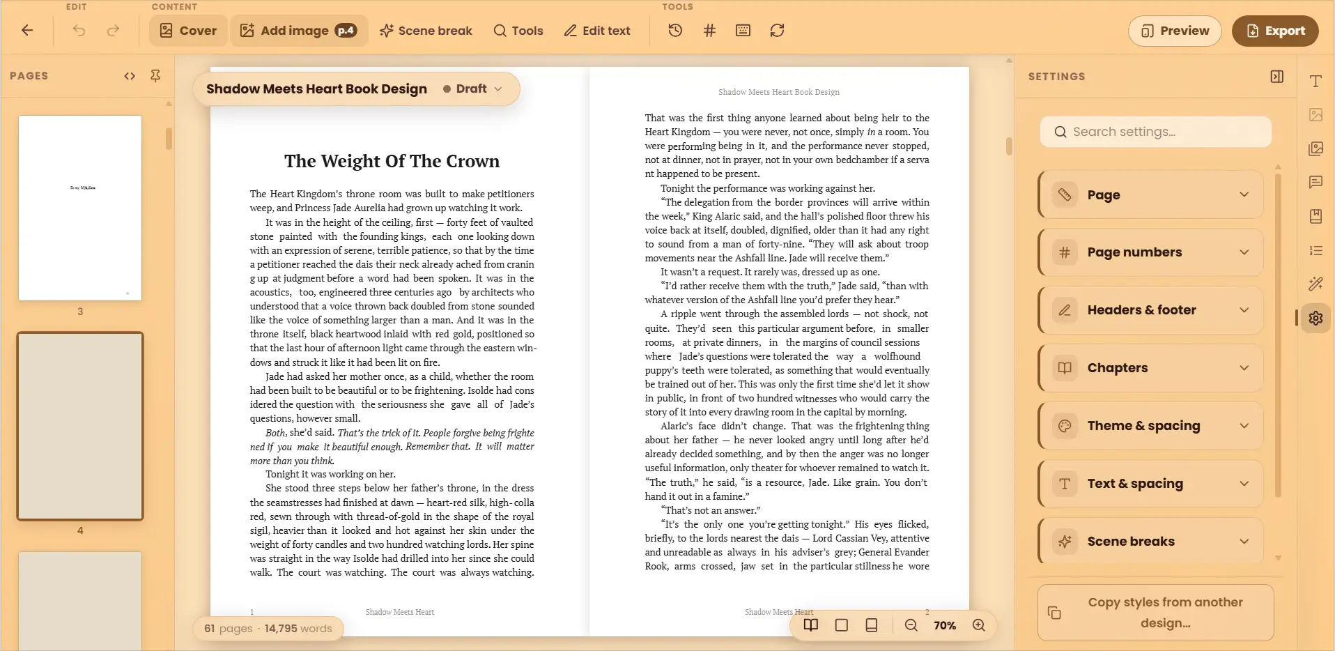WriteO settings for page numbers, headers, and footers.