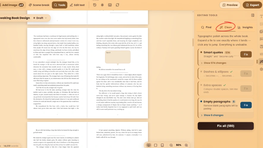 WriteO tool showing suggested typographic corrections