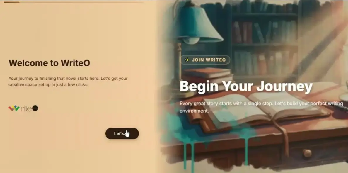 WriteO welcome wizard first screen with Continue button highlighted