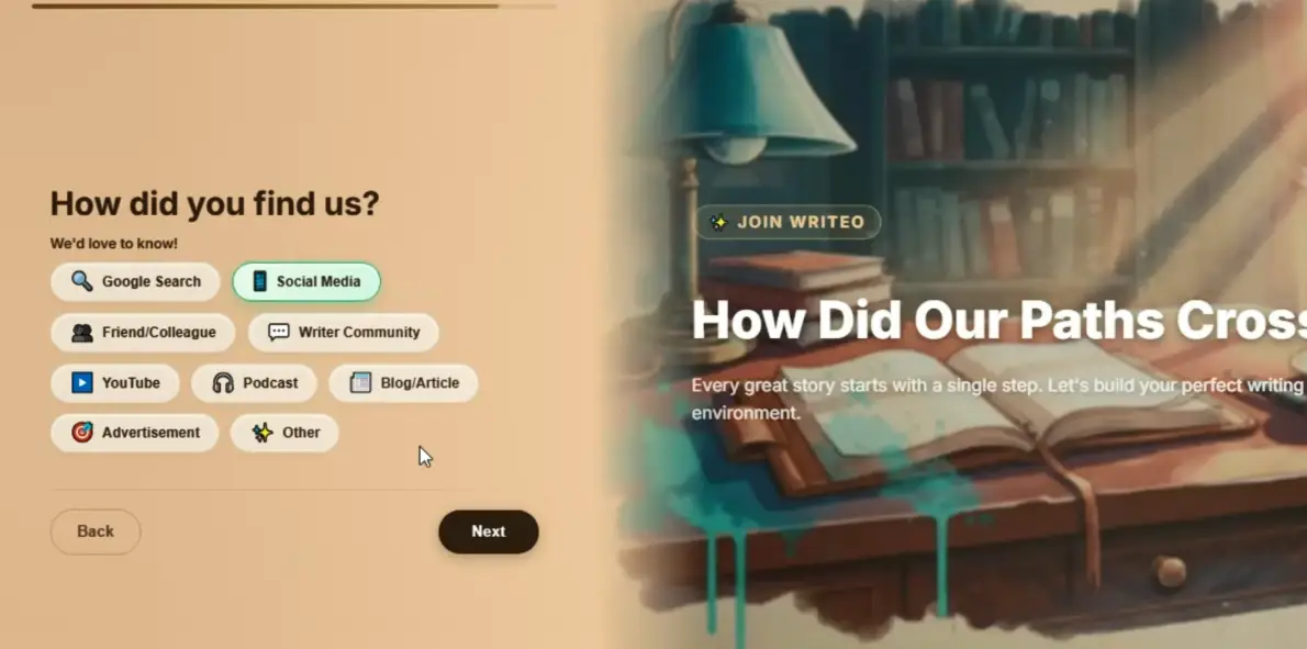 WriteO wizard final step asking how you found WriteO