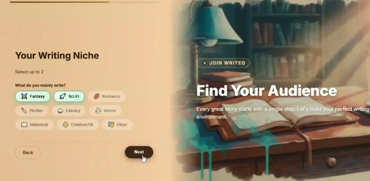 WriteO wizard genre selection step with Fantasy chosen