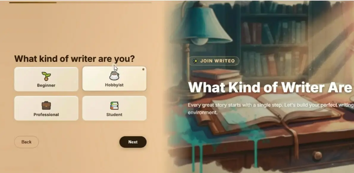 WriteO wizard step asking how you would describe yourself as a writer