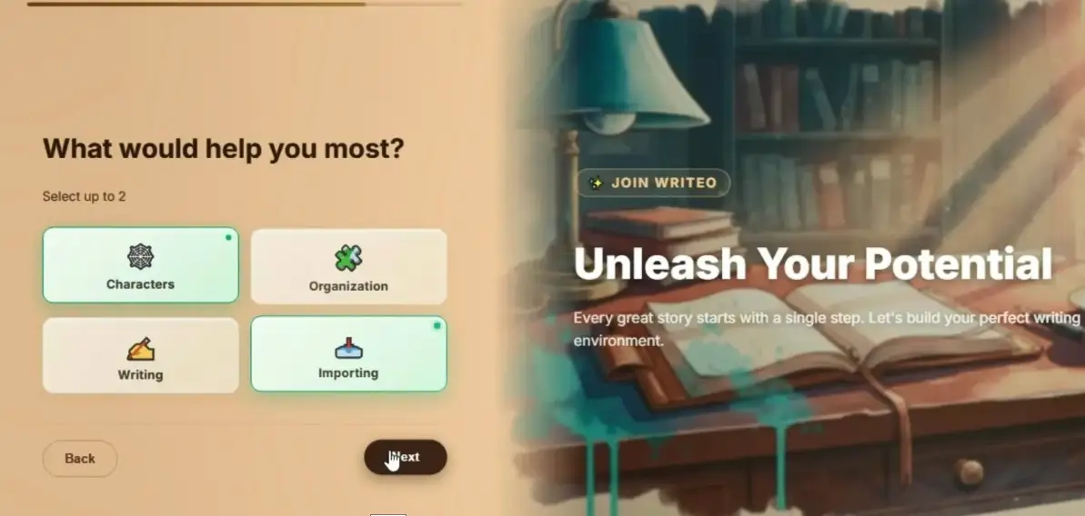 WriteO wizard step asking what you most want help with as a writer