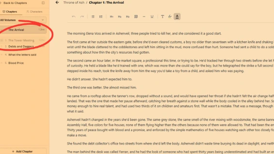 WriteO writing editor left sidebar showing the chapter list mid reorder