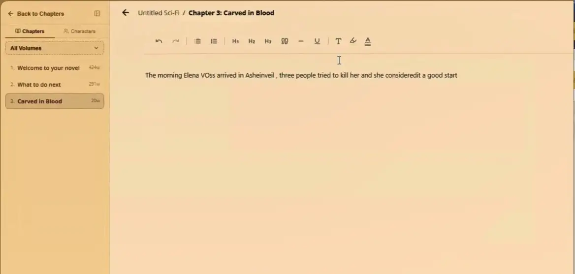 WriteO writing editor showing the first line of a chapter typed with autosave status showing Saved