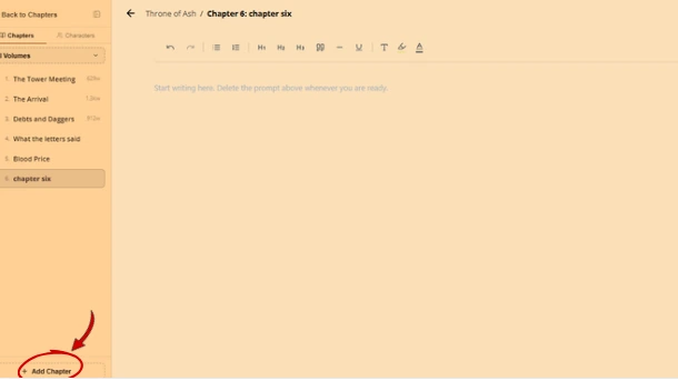 WriteO writing editor sidebar with the Add Chapter control and a newly created chapter