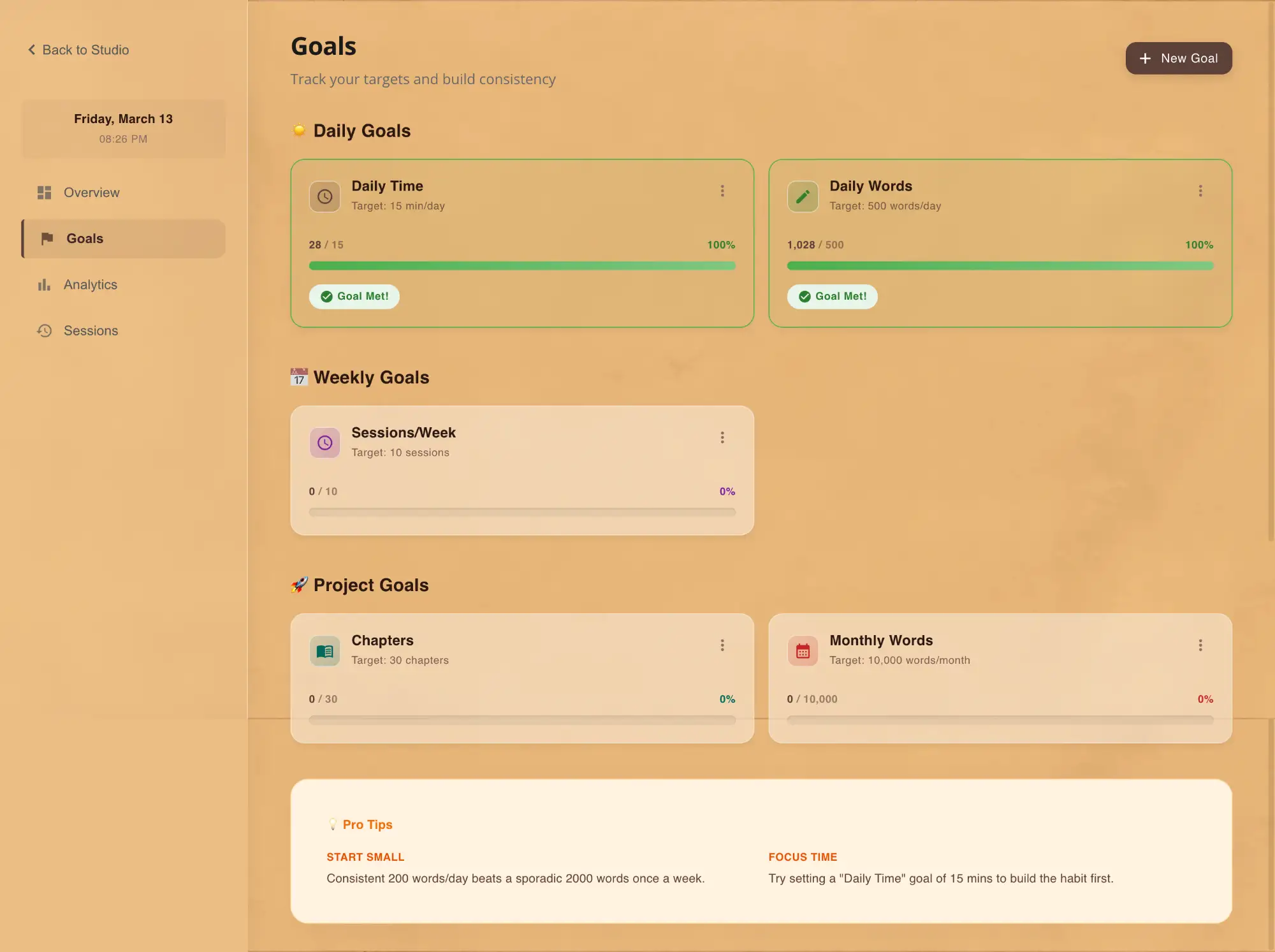 Writing goal tracking interface showing daily word count targets and project milestones for novel productivity